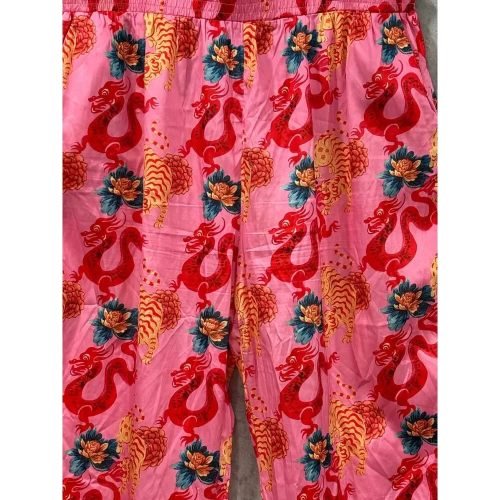 Dressed in LALA Year of the Dragon Satin Wide Leg Pants Dragon Tiger Women's 3XL